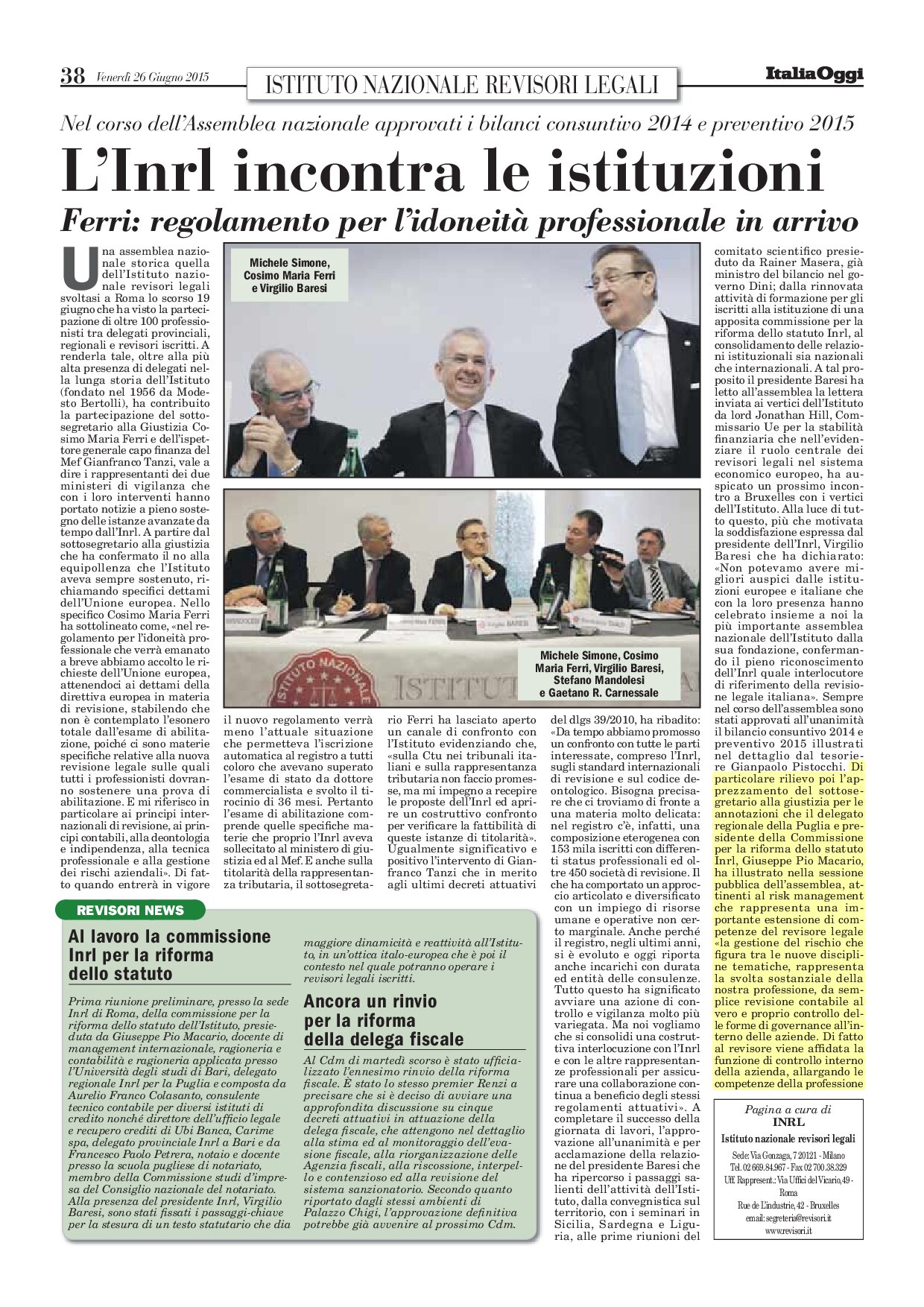 L'Inrl incontra le istituzioni